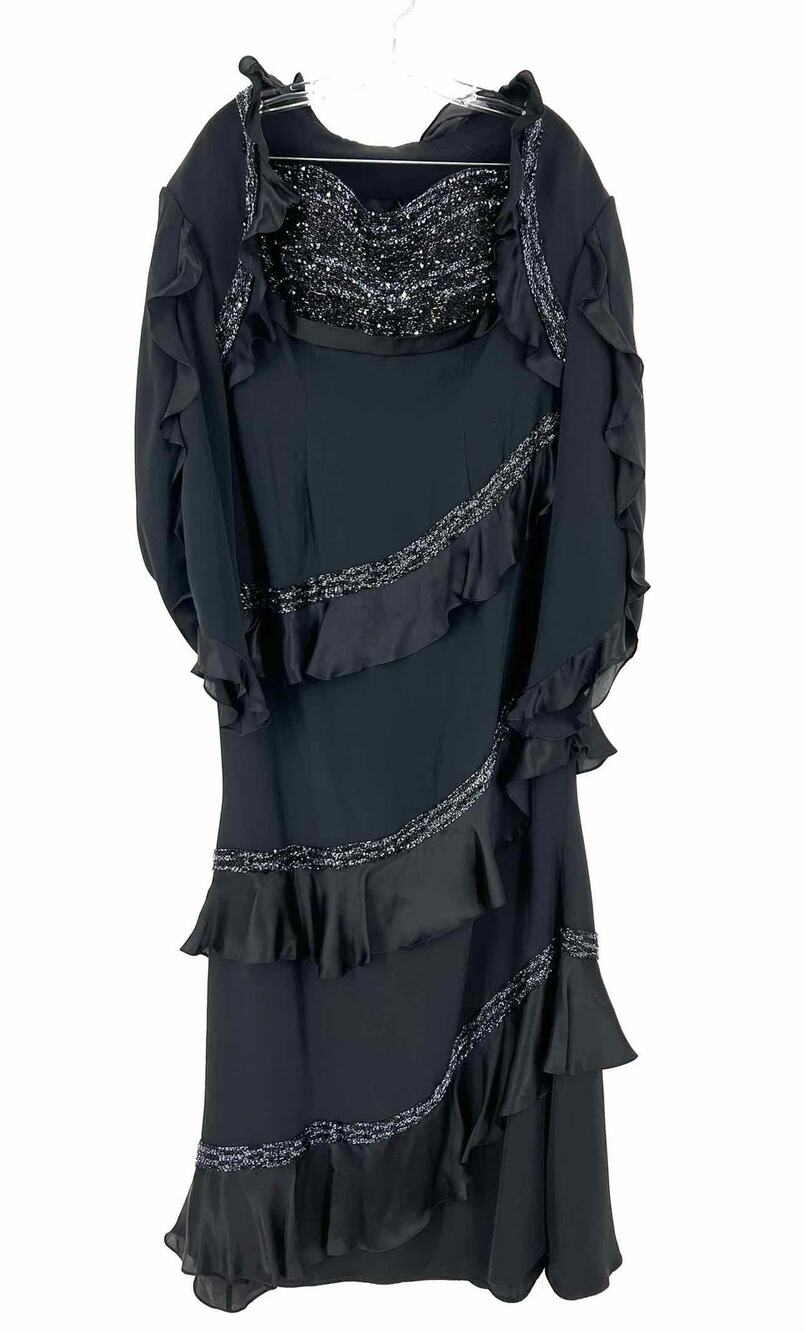 YSA Makino Size L ? Black/Navy Beaded Silk Designer Jacket Dress